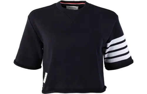 THOM BROWNE Navy short sleeve T-shirt with a round collar