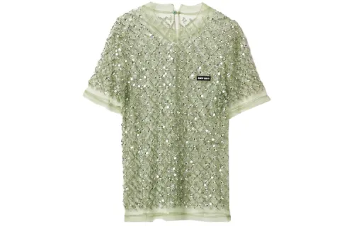 MIU MIU T Shirts Women's Green Crew Neck Thin Straight Fit