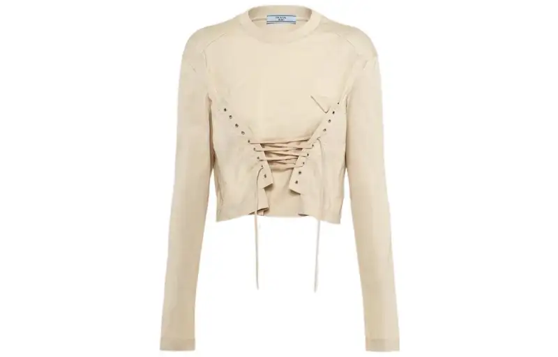 PRADA Crop Tops Women's Beige Crew Neck Moderate