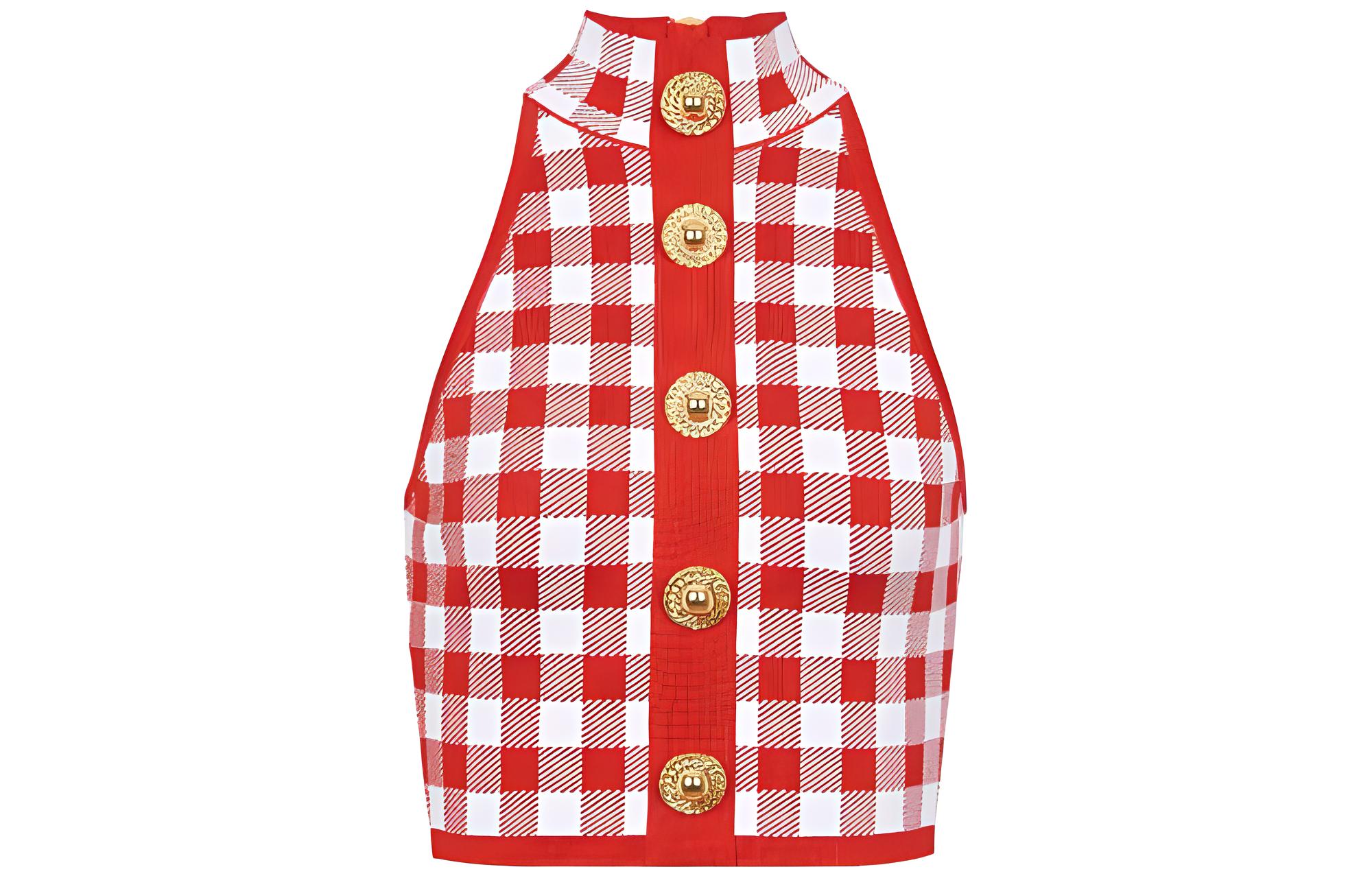 BALMAIN Balmain FW23 Fine Gingham Knit Tank Top Plaid Single Breasted Fitted Sleeveless Tank Top Women's Red