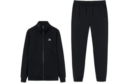 Anta Solid Color Zippers Fleece Lined Stand Collar Coat Elastic Cuff Pants Casual Sportswear Men's Basic Black