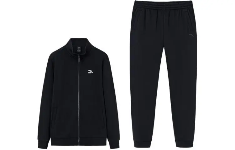 Anta Solid Color Zippers Fleece Lined Stand Collar Coat Elastic Cuff Pants Casual Sportswear Men's Basic Black