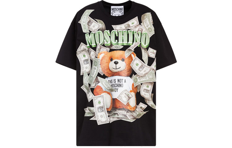 MOSCHINO Moschino Teddy Series US Dollar Teddy Bear Printed Cotton Short Sleeve Oversized Drop Sleeve T-Shirt Women's Black