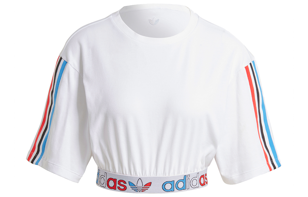 Adidas Originals Primeblue Tricolor Crop Tops Women's White Crew Neck Moderate