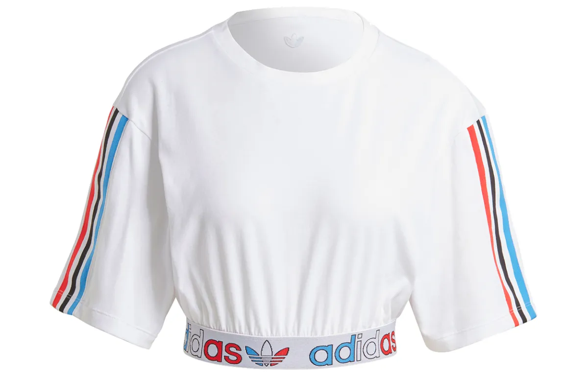 Adidas Originals Primeblue Tricolor Crop Tops Women's White Crew Neck Moderate