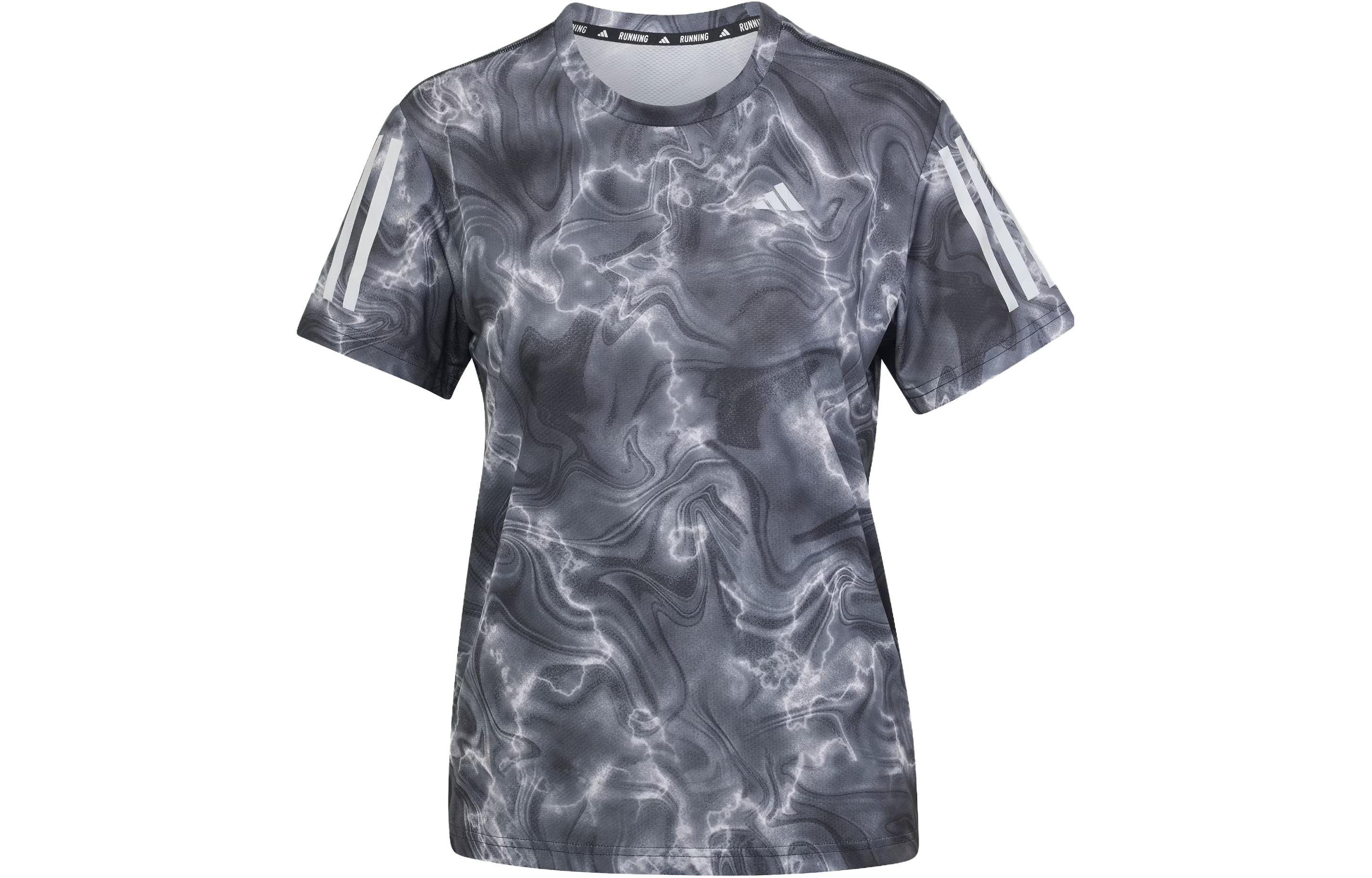 Adidas ALLOVER PRINT Running T Shirts Women's Black Crew Neck Moderate Straight Fit