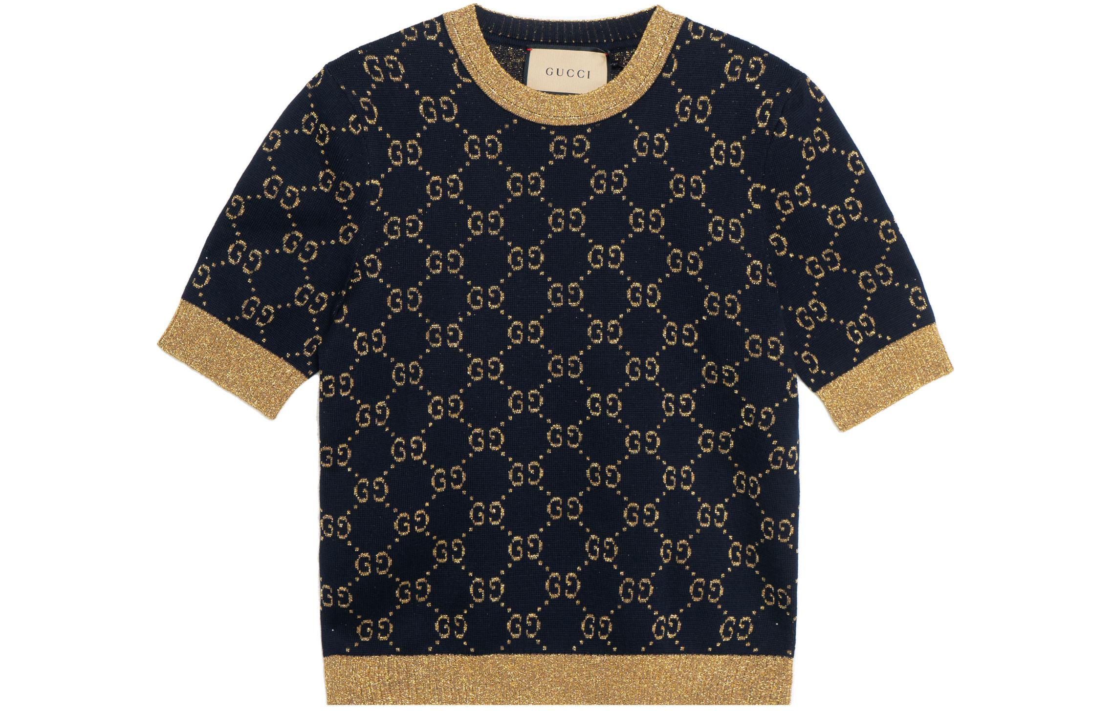 GUCCI Gucci GG cotton gold and silver thread short-sleeved regular T-shirt women's navy blue