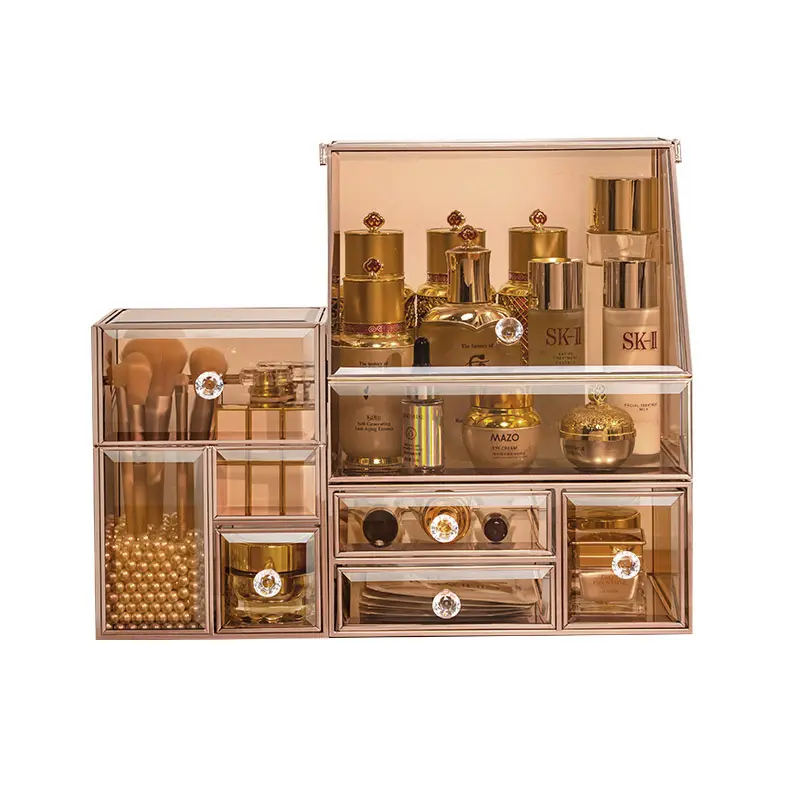 Glass capacious table high quality universal makeup box, storage system, earrings, necklace, perfume, storage box, 3 piece set, light luxury style, high-quality style, for beloved