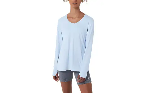 ASICS T Shirts Women's Light Blue V Neck Moderate Other