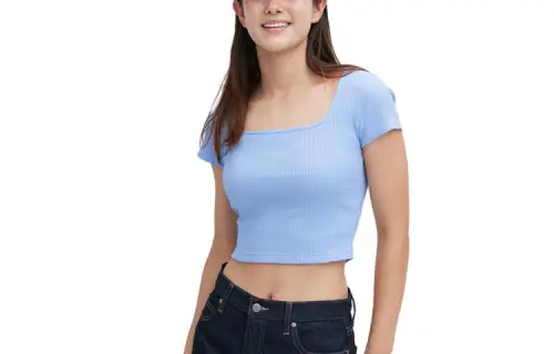 UNIQLO T Shirts Women's Aqua Blue Square Collar Moderate Straight Fit