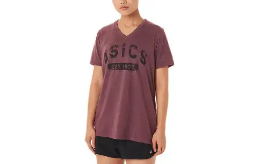 ASICS EST 1977 T Shirts Women's Brown V Neck Moderate Straight Fit