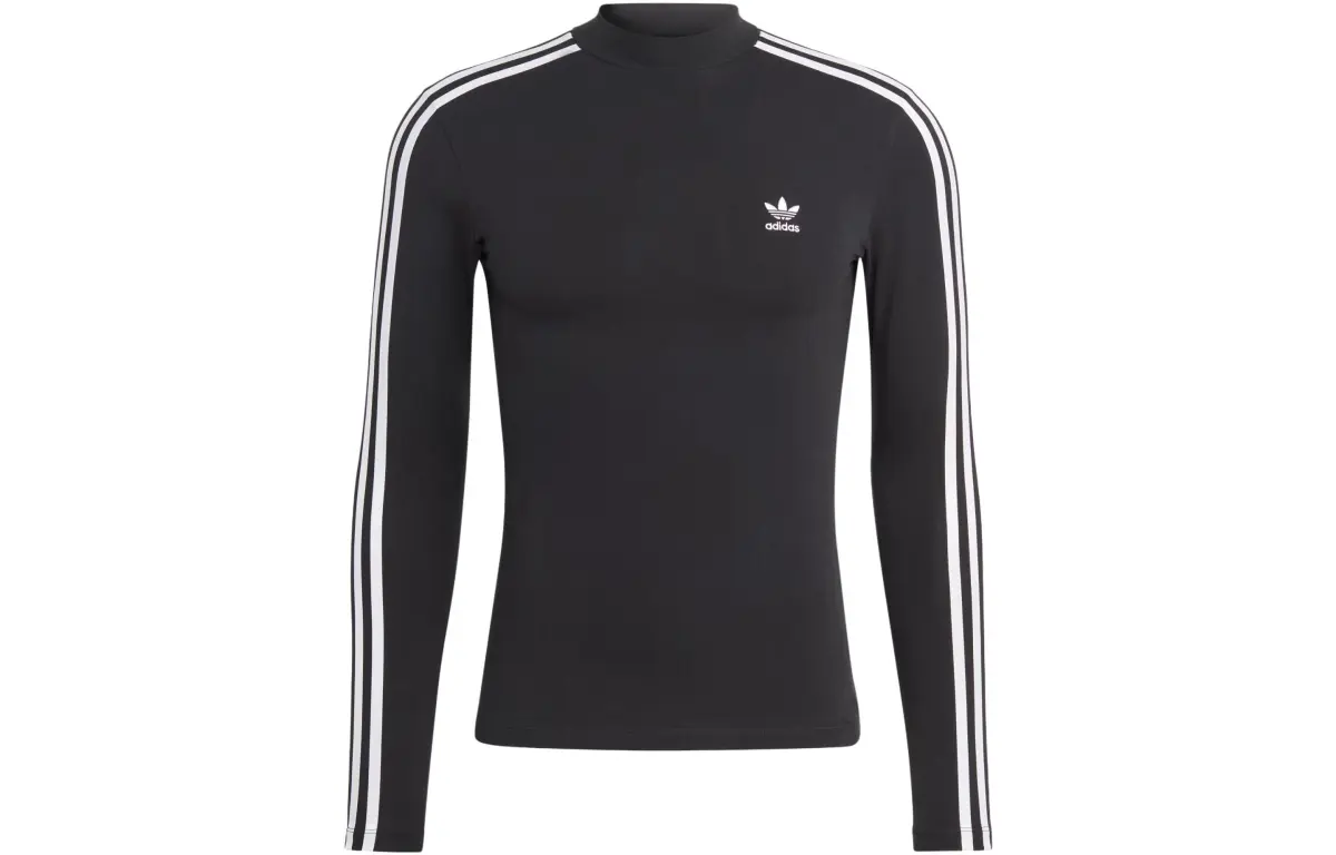 Adidas Originals 3-Stripes T-Shirts Women's Black Half-Turtleneck Moderate Nipped-in Waist