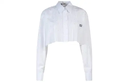 MIU MIU SS23 All-over printed polka dot lapel single-breasted short long-sleeved sun protection shirt for women, white