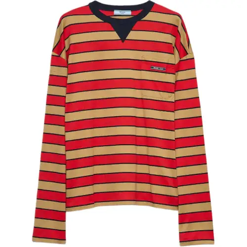 PRADA Logo Patch Striped Long Sleeved T Shirt