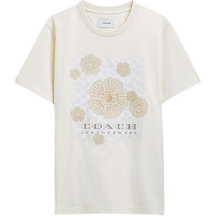 COACH SS24 Letter Floral Print Crew Neck Short Sleeved T Shirt Women's White