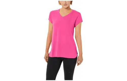 ASICS T Shirts Women's Pink V Neck Moderate Straight Fit