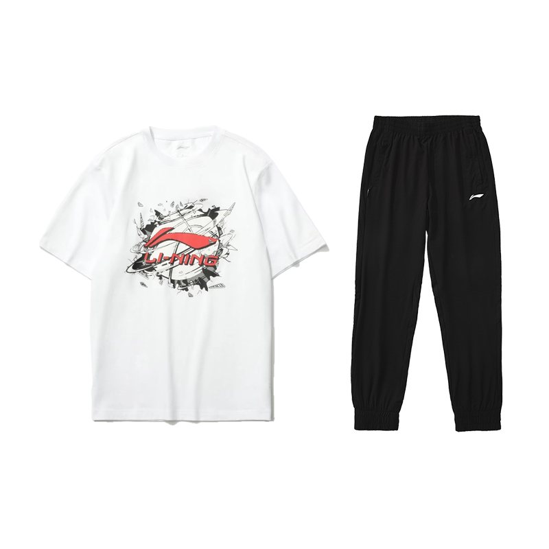 Li Ning Casual Sportswear Men’s Clothing Sets Standard White+Black Crew Neck Moderate