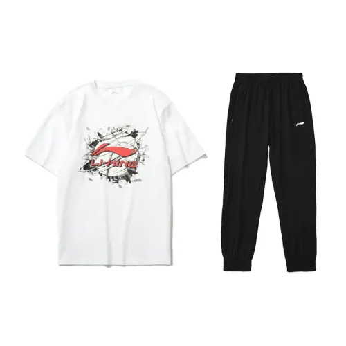 Li Ning Casual Sportswear Men's Clothing Sets Standard White+Black Crew Neck Moderate
