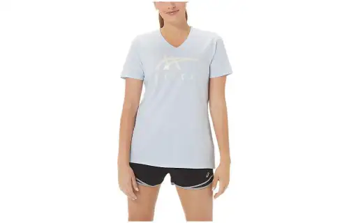ASICS STRIPES T Shirts Women's Light Blue Crew Neck Moderate Other