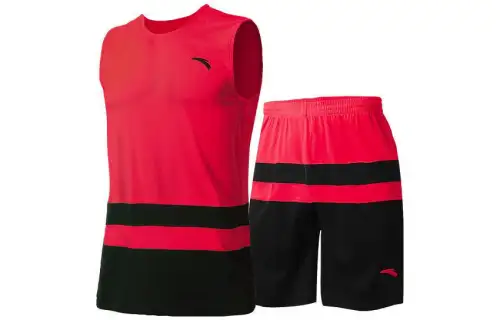 Vest with a round collar sleevless, basketball shorts, red set, mid rise, loose straight fit, men's style