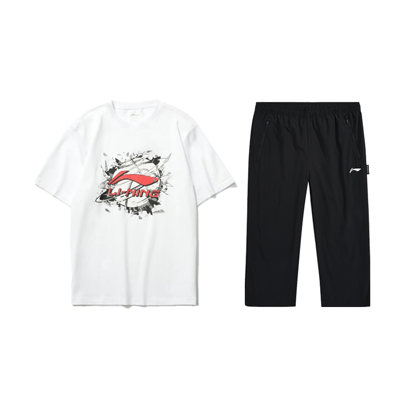 Li Ning Casual Sportswear Men’s Clothing Sets Standard White+Black Crew Neck Moderate