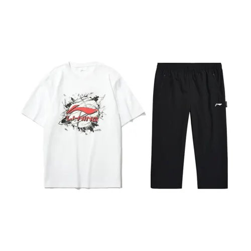 Li Ning Casual Sportswear Men's Clothing Sets Standard White+Black Crew Neck Moderate