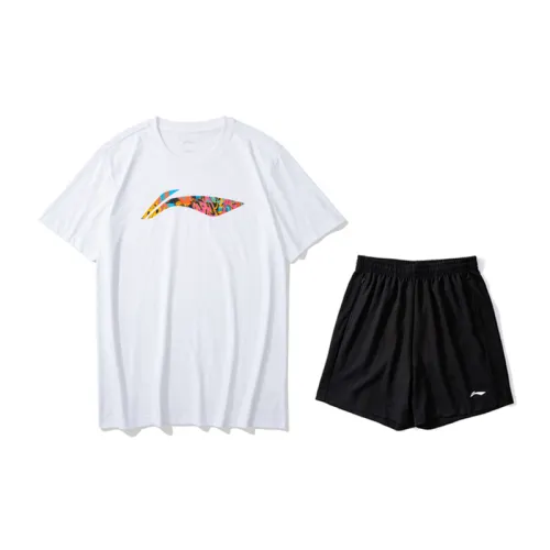 Li Ning Casual Sportswear Men's Clothing Sets Standard White+Black Crew Neck Moderate