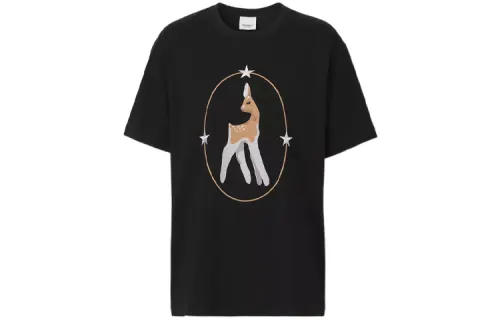 Burberry SS22 Deer Pattern Cotton Loose Fit Pullover Short Sleeved T Shirt Women's Black