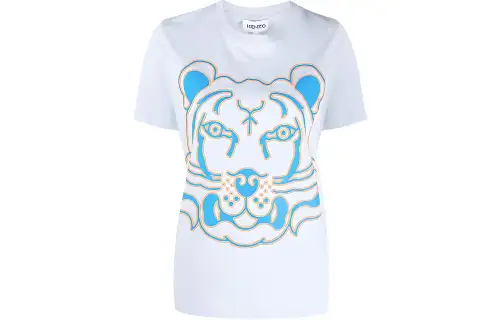 KENZO SS22 Neon Tiger Print Pullover Short Sleeved T Shirt Women's White Blue