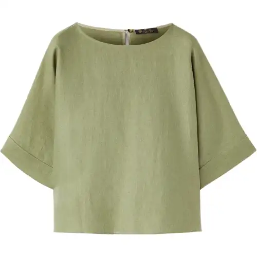 Loro Piana SS24 Solid Color Crew Neck Casual Elbow Length Long Sleeved T Shirt Women's Matcha Macaron Green