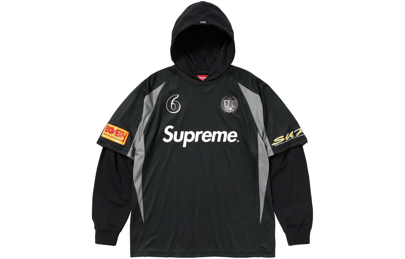 Supreme FW23 WEEK1 HOODED SOCCER JERSEY Letter Logo printed No. 6 fake two-piece hooded football sweatshirt, same style for men and women