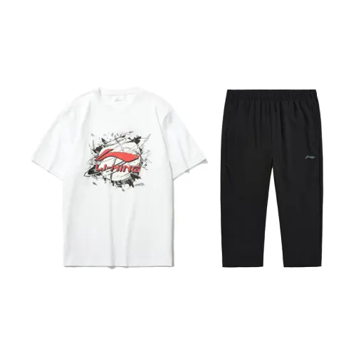 Li Ning Casual Sportswear Men's Clothing Sets Standard White+Black Crew Neck Moderate