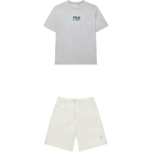 FILA Casual Sportswear Men's Set Elegant Flower Gray Top+Ivory Beige Pants Crew Neck Moderate