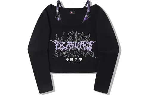 Li Ning X PLEASURES T Shirts Women's Black Crew Neck Moderate Straight Fit
