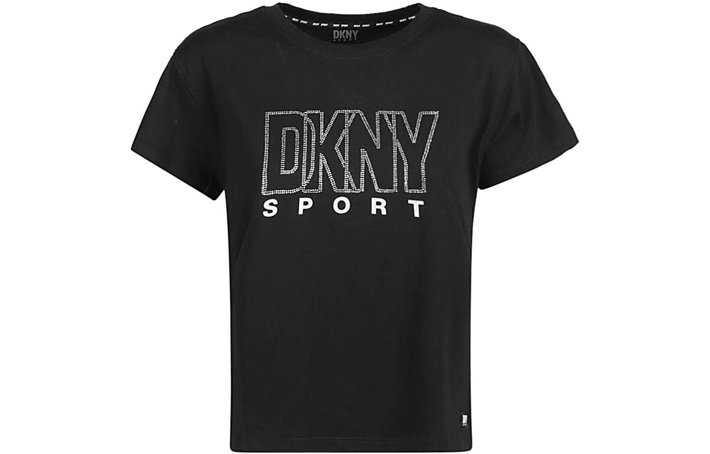 DKNY Твердый цвет слово мать круглый воротник соответствовать короткий рукав Футболка женский черный