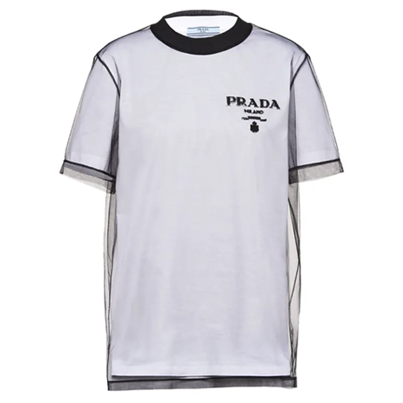 【Previous Season】logo-embroidered tulle jersey T-shirt
