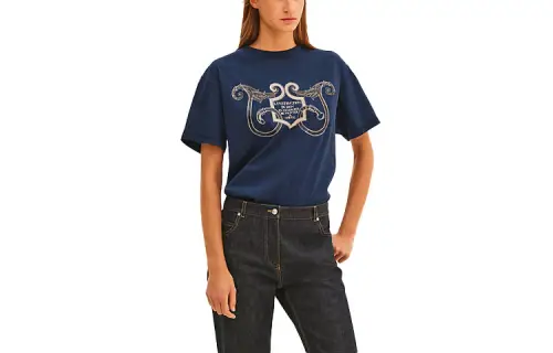 HERMES T Shirts Women's Blue Crew Neck Moderate Straight Fit