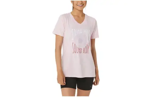 ASICS T Shirts Women's Pink V Neck Moderate Straight Fit