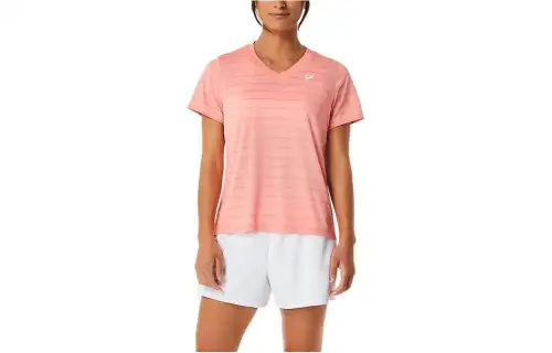 ASICS T Shirts Women's Pink V Neck Moderate Straight Fit