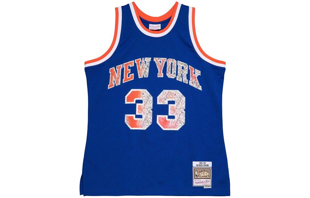 Mitchell & Ness 75th Anniversary New York Knicks Patrick Ewing No. 33 Alphanumeric Print Round Neck Sleeveless Basketball Vest Men's Blue