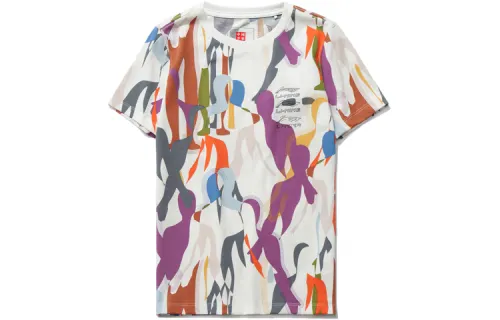Li Ning T Shirts Women's White Base Digital All Over Print Crew Neck Moderate Straight Fit