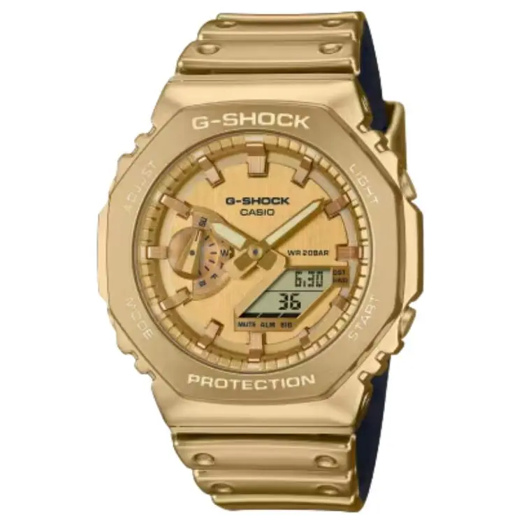 CASIO G STEEL Octagonal Dial 200m Waterproof Quartz Movement Rubber Strap Watch Unisex Gold Dial