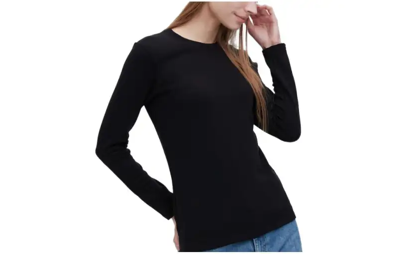 UNIQLO T Shirts Women's Black Crew Neck Thickened And Fleece Lined Straight Fit