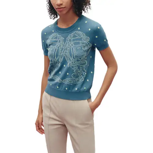 HERMES T Shirts Women's Blue Crew Neck Moderate Other