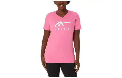 ASICS T Shirts Women's Pink V Neck Moderate Straight Fit