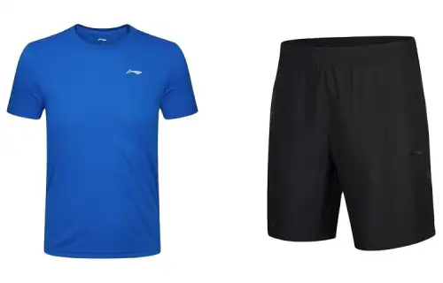 Li Ning Casual Sportswear Men's Set Deep Sea Blue+Black Crew Neck Moderate