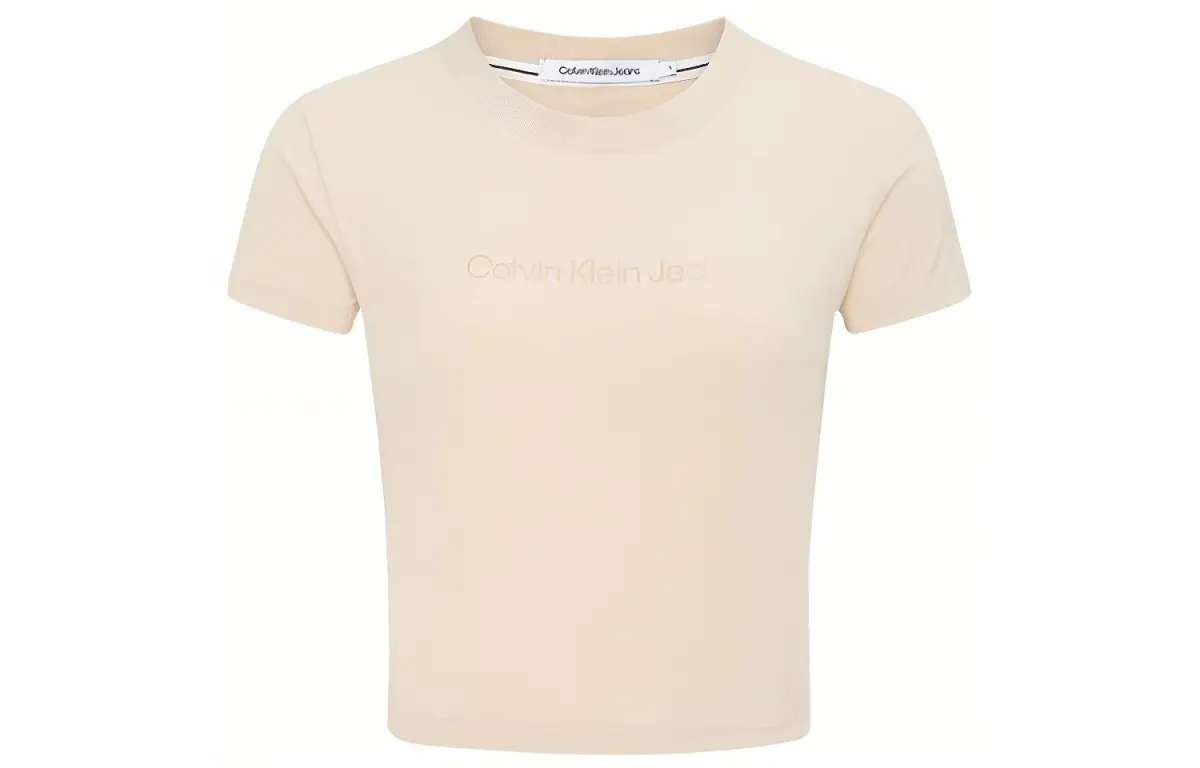 Calvin Klein Crop Tops Women's Light Khaki Crew Neck Moderate