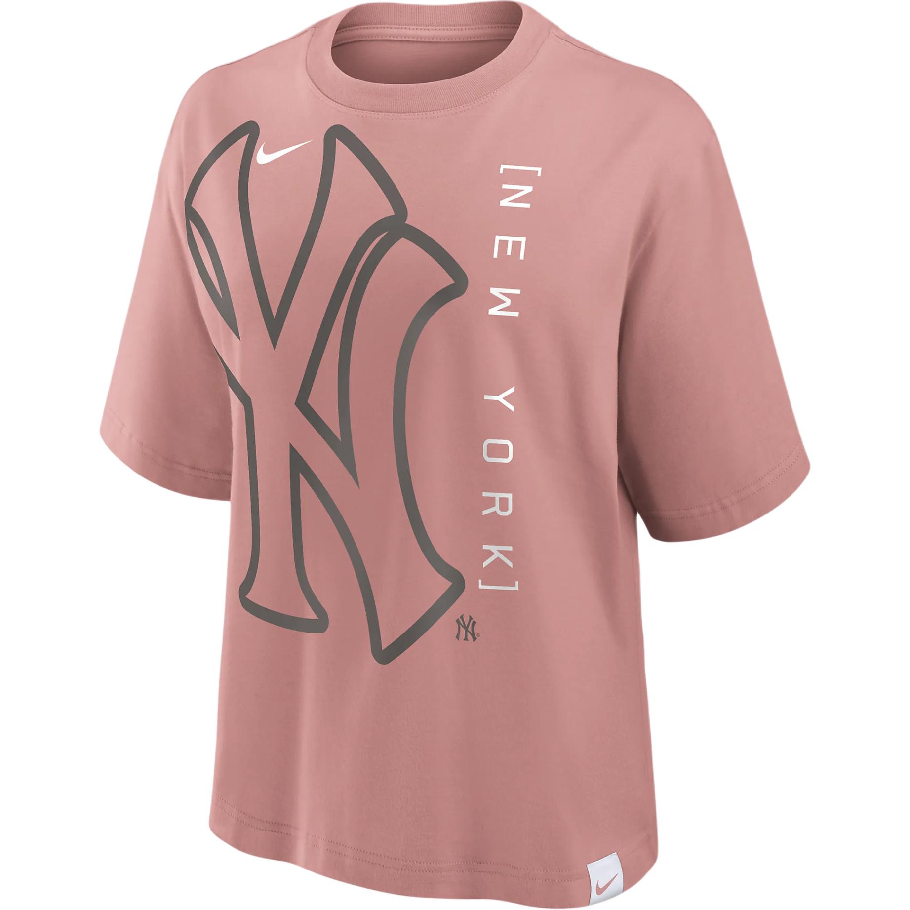 Nike New York Yankees Statement Boxy Lettering Printed Round Neck Pullover Short Sleeve T-Shirt Women's Pink