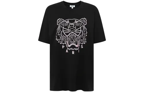 KENZO Classic Tiger Head T Shirts Women's Black Crew Neck Moderate
