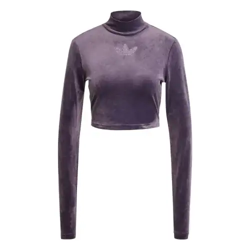 Adidas Women's Long Sleeve Rhinestone Trefoil Velvet Crop Top Aurora Black